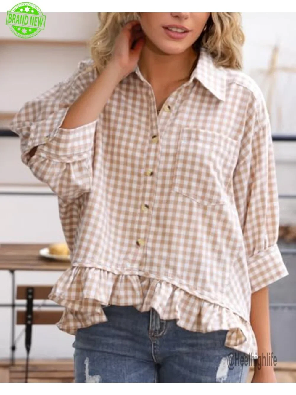 Ruffled Short Sleeve Button Down Blouse Summer Top - Picture 2 of 5
